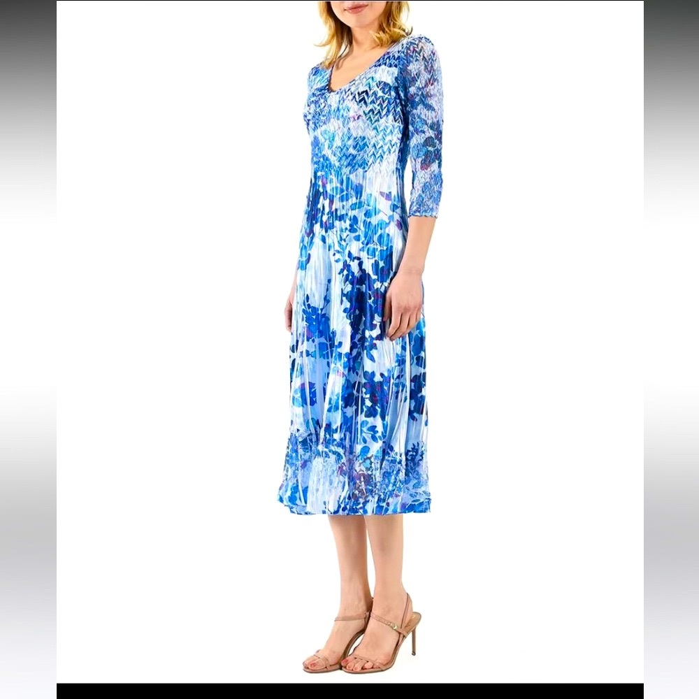 Komarov Charmeuse Floral Print Lace Insert VNeck 3/4 Sleeve Pleated A-Line Dress - Picture 3 of 6